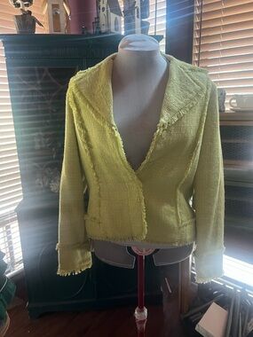 Coldwater Creek Frayed Edge Lime Green Boucle Jacket size 12